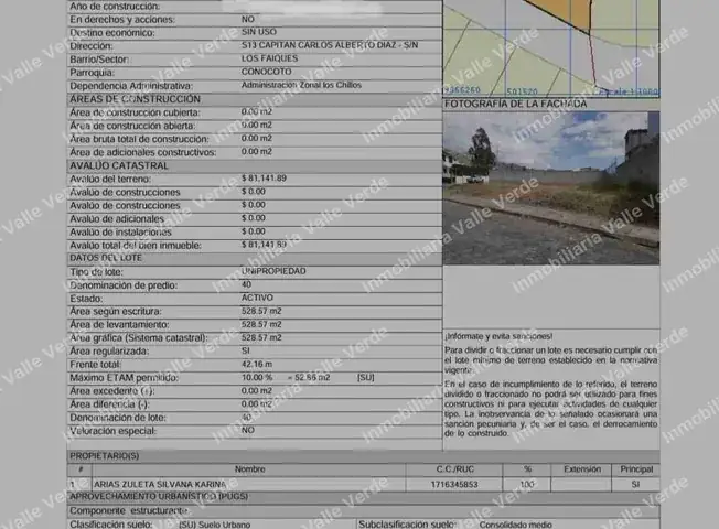 Documento técnico de Terreno esquinero en venta en Conocoto
